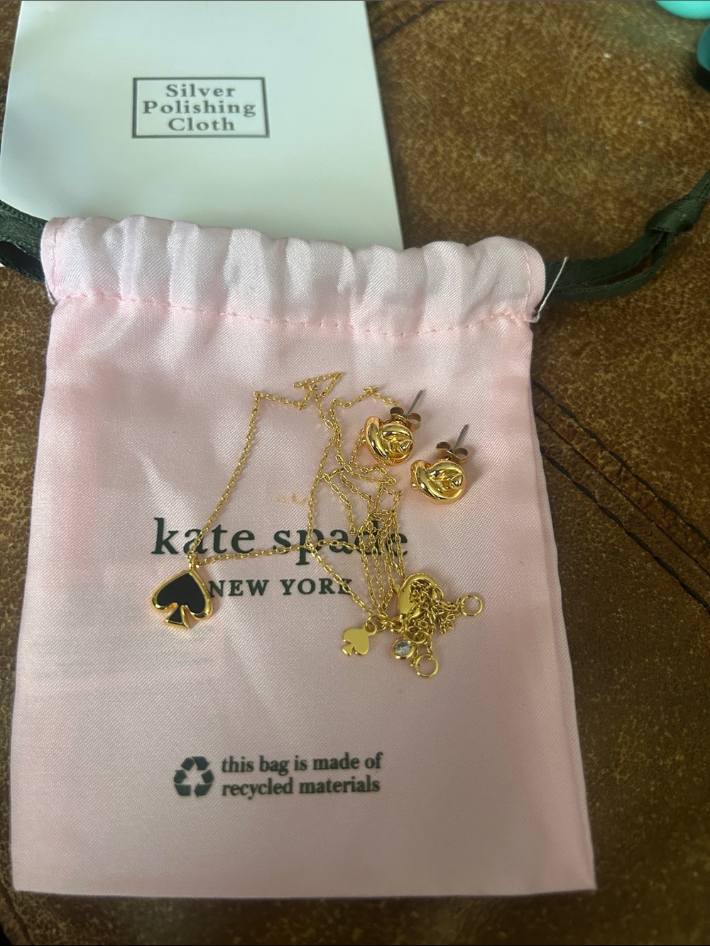 kate spade Pink Drawstring Jewelry Pouch with Necklace and Earrings